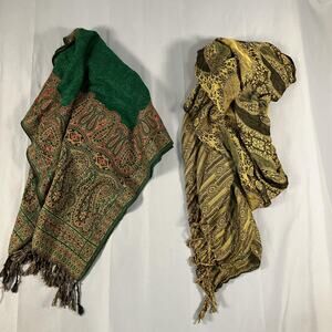 Pashmina Style Shawls Womens One Size Lot of 2 Green Gold Paisley Fringe Large
